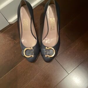 Salvatore Ferragamo Authentic Navy Blue Pumps with Gold Monogram Buckle